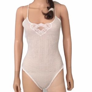Vintage Lily of France 1960s White Perforated Knit Lace Bodysuit Lingerie